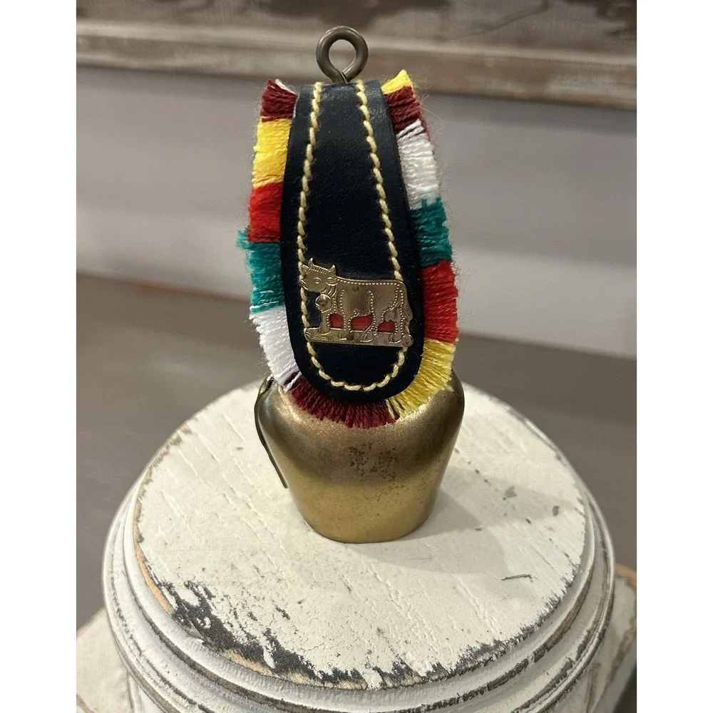 Vintage European Metal Cowbell With Leather Strap, Colorful Fringe